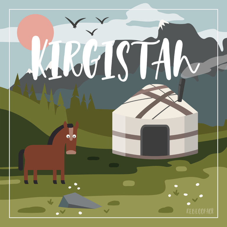 Grafik, Flatdesign von Bergen, Jurte und Pferd in Kirgistan