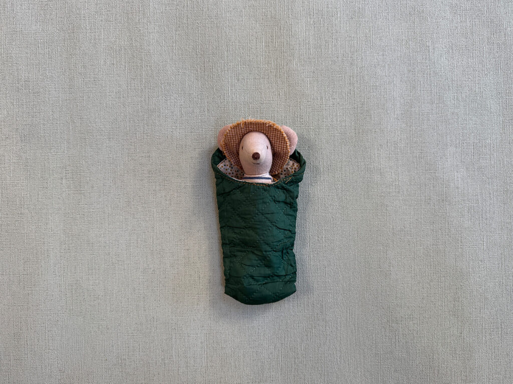 Wanderbuddy Kleines leichtes Kuscheltier Maus im kleinen Schlafsack