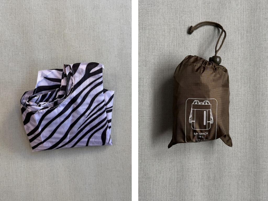 Kleiner, leichter Einkaufsbeutel und zuammenfaltbarer Tagesrucksack